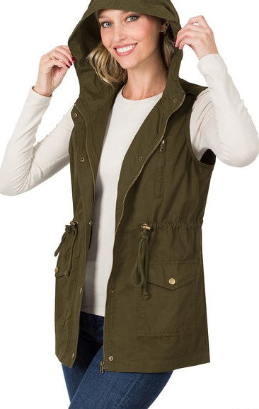 Vest With Hood and Pockets Olive Color